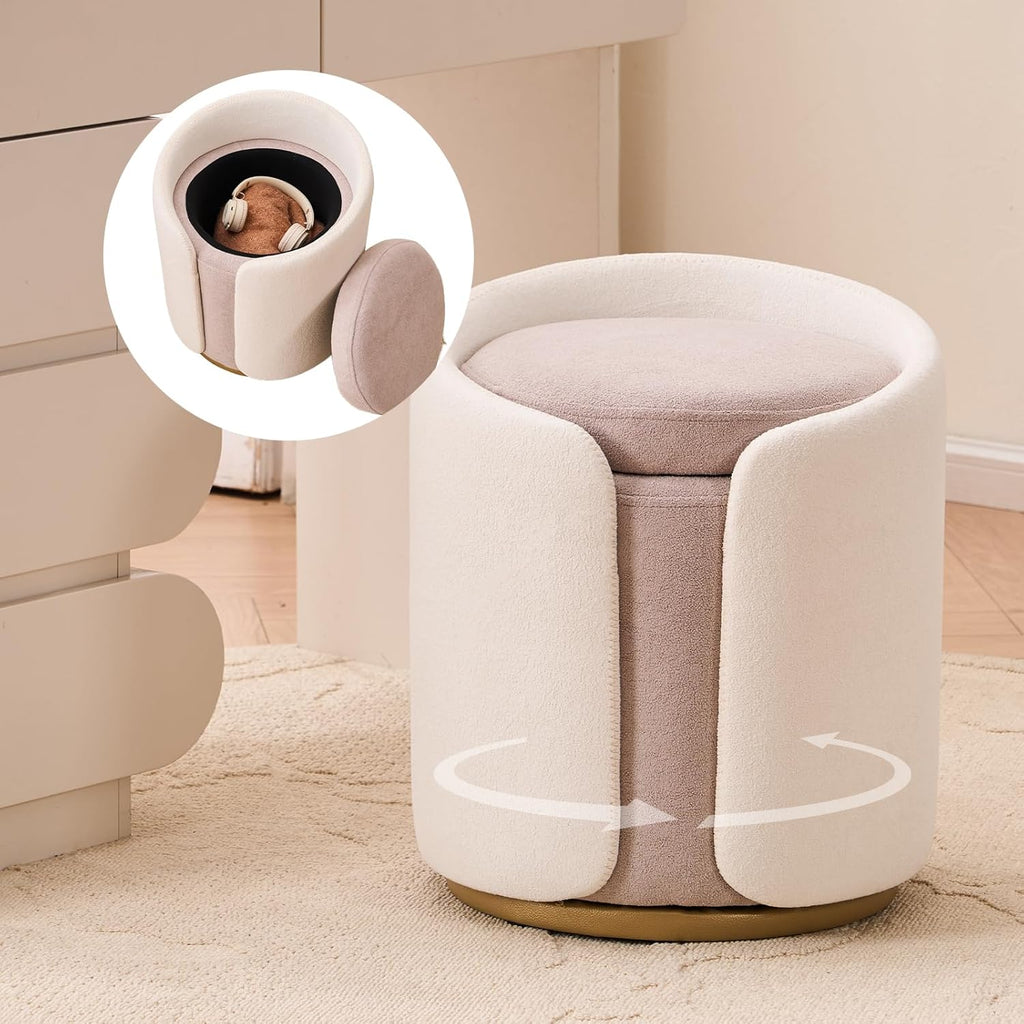 Vanity Chair with Storage, Round Boucle Vanity Stool No Wheels, Swivel Ottoman Chair with Upholstered for Women, Gold Base, Beige