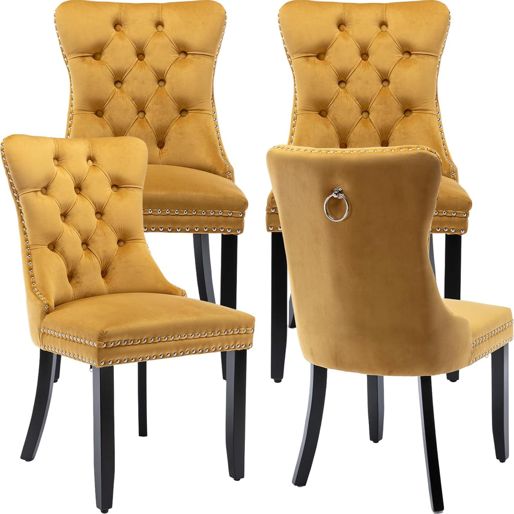 Modern Dining Chairs Set of 4, Tufted Upholstered Dining Chair with Solid Wood Legs, Yellow Velvet Accent Chair, Sillas de Comedor, 4 Dining Chairs (Gold, Velvet, 4Pcs)