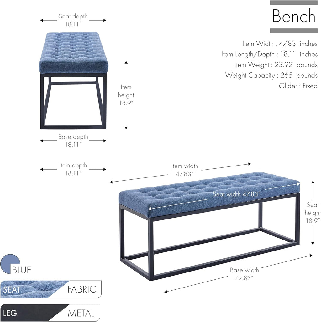 Porthos Home Vera Side Bench with Fabric Upholstery and Metal Frame
