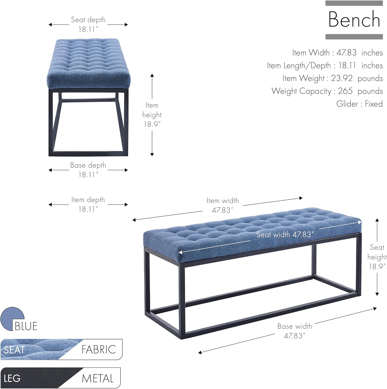 Porthos Home Vera Side Bench with Fabric Upholstery and Metal Frame
