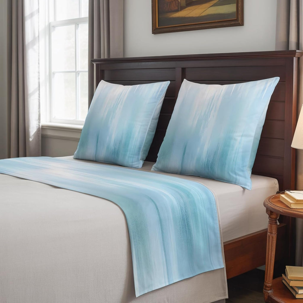 Bed Runner for Cal. King Size Bed, Light Blue Ombre Decorative Beds Runners and 2 Matching Pillow Covers Set, Modern Abstract Gradient Minimalist Art Beds Scarf Throw for Foot of Bedding Set for Hotel