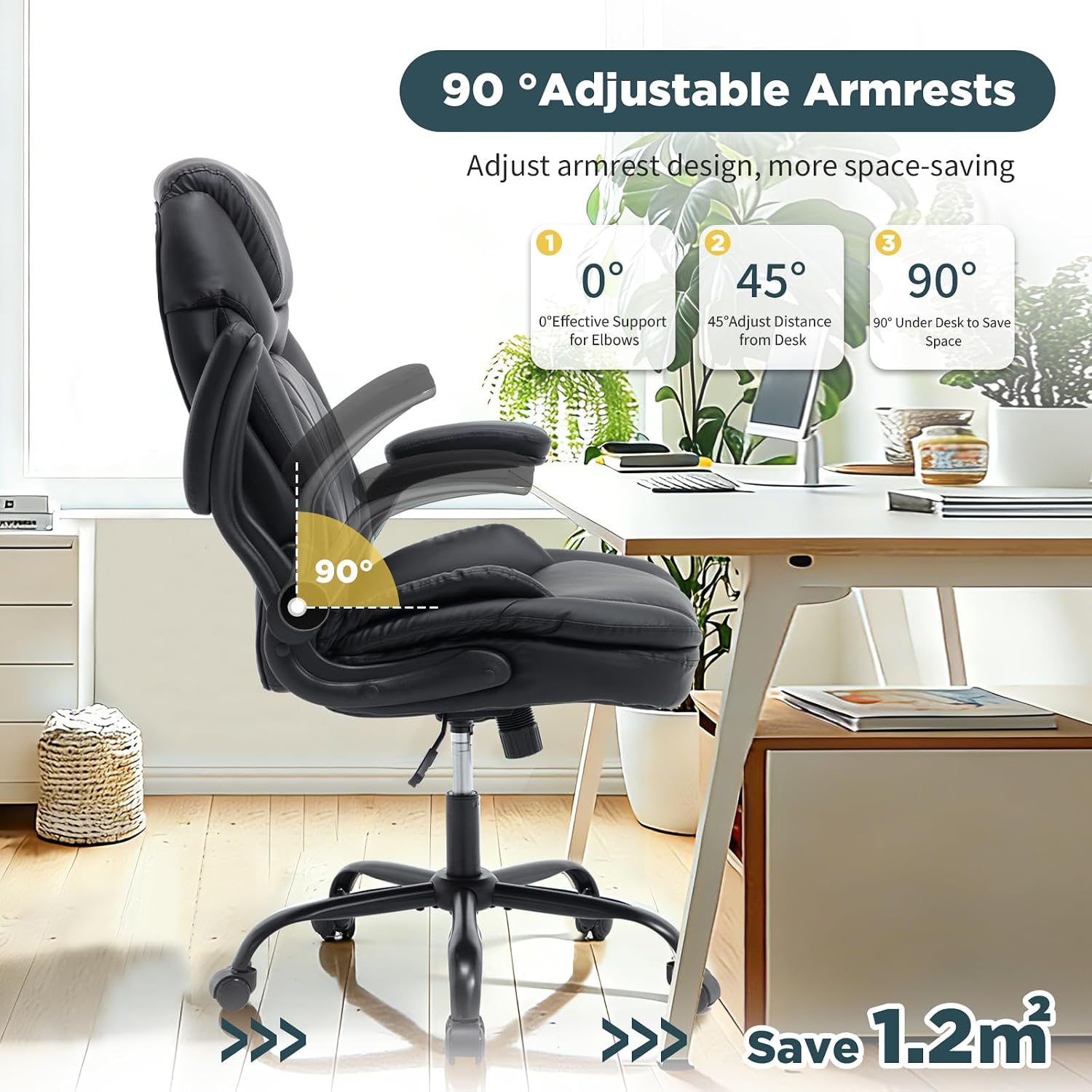 Ergonomic Executive Office Chair with Flip up Arms, Wide Seat Big and Tall Office Desk Chairs with Back Lumbar Support for Back Pain, Black Leather