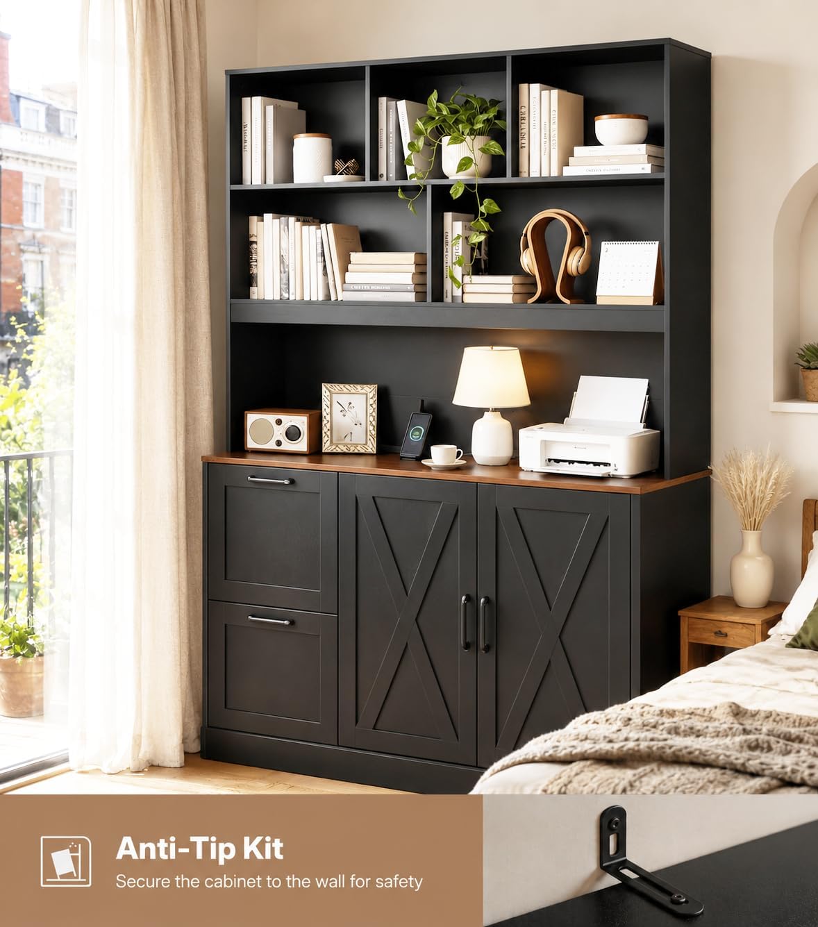 NORTHSKY 72'' Tall Bookshelf with Power Outlet, 2 Drawer File Cabinet for A4 Hanging Files, 3-Tier Open Shelves & Closed Storage Cabinets, Multifunctional Printer Stand - Black