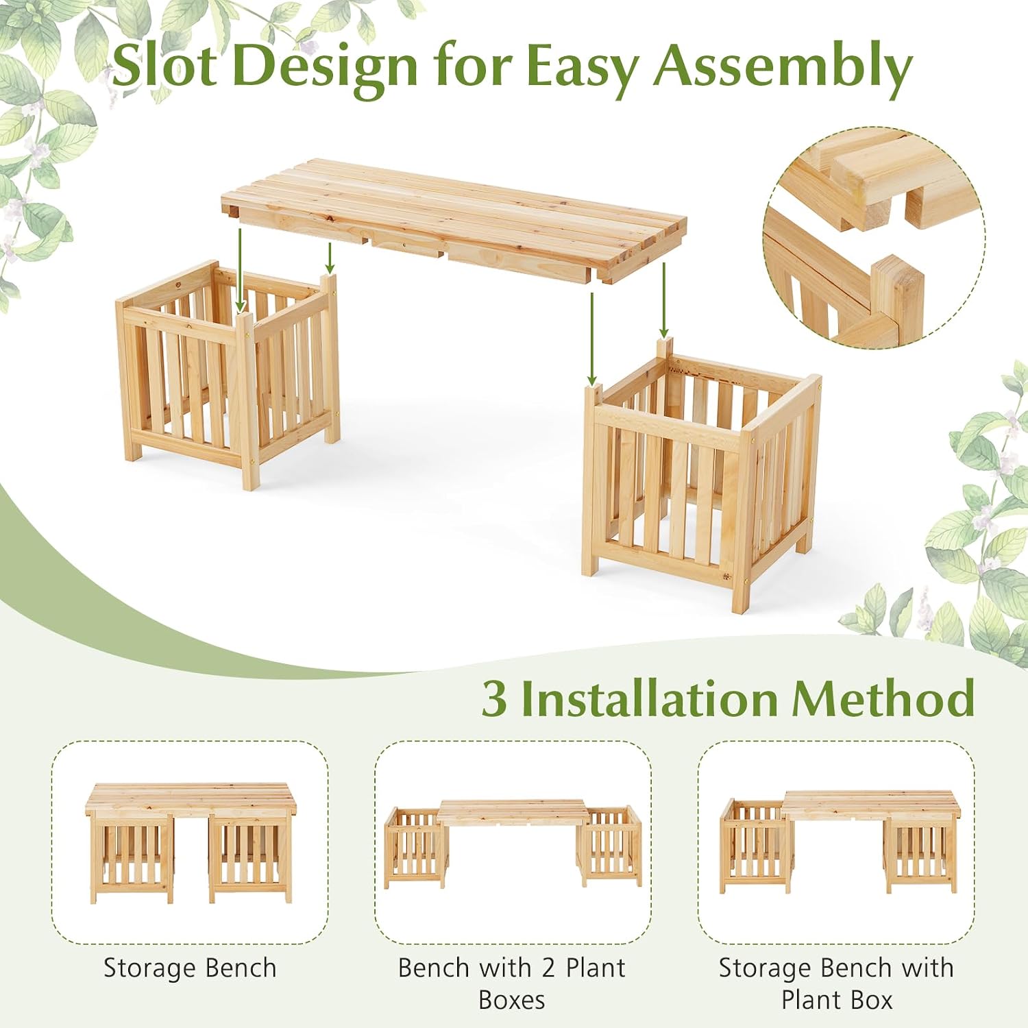 HAPPYGRILL Patio Wooden Bench with Planter, 2 Person Patio Bench with/ 2 Side Flower Box, Slot Design for Easy Assembly, Natural Fir Wood Frame, Outdoor Garden Bench Seat for Patio, Garden, Backyard