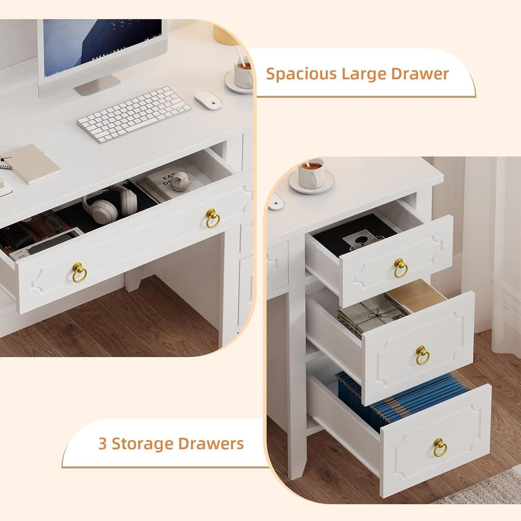 MaverickFurni White Desk with Hutch, 47" White and Gold Desk with 4 Drawers, Modern Girl Desk for Bedroom, Golden Handles