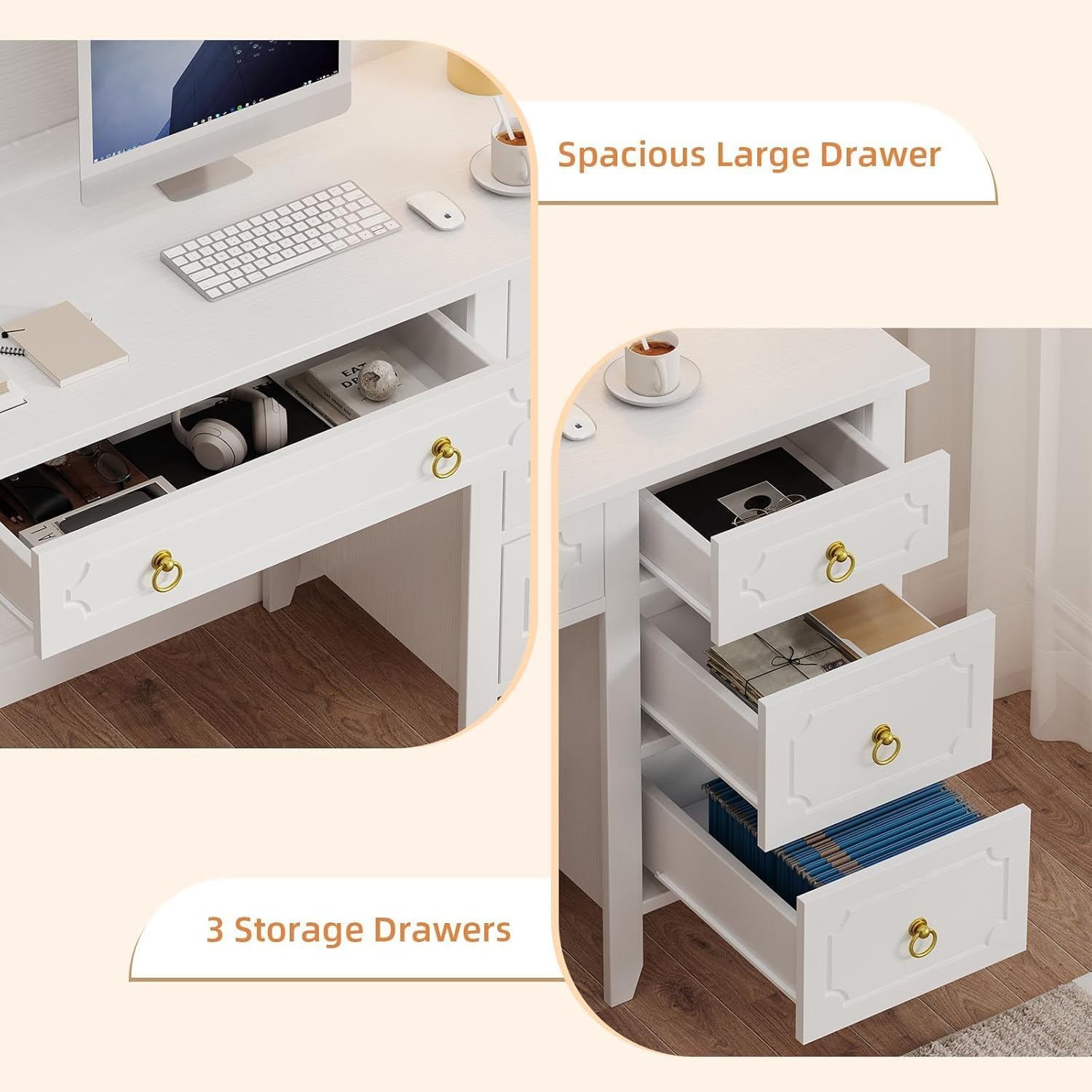 MaverickFurni White Desk with Hutch, 47" White and Gold Desk with 4 Drawers, Modern Girl Desk for Bedroom, Golden Handles