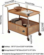Rattan Side Table with Wheels Rolling 2-Layer Coffee Table Storage End Table Rattan Basket Wood Frame for Living Room Bedroom Long Lasting