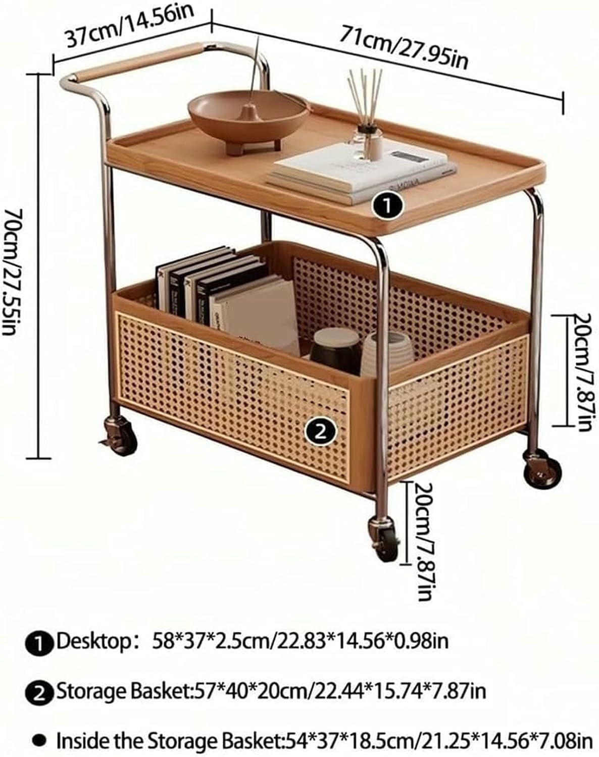 Rattan Side Table with Wheels Rolling 2-Layer Coffee Table Storage End Table Rattan Basket Wood Frame for Living Room Bedroom Long Lasting