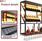 3 Tiers Large Wall Mounted Wine Rack with Glass Holder, Modern Metal Hanging Liquor Shelves, Holds Bottles at 2 Tilt Angles (45° 90° ) for Bar Home Bar Dining Room Cafe Decorative (Black, 59in/150cm)