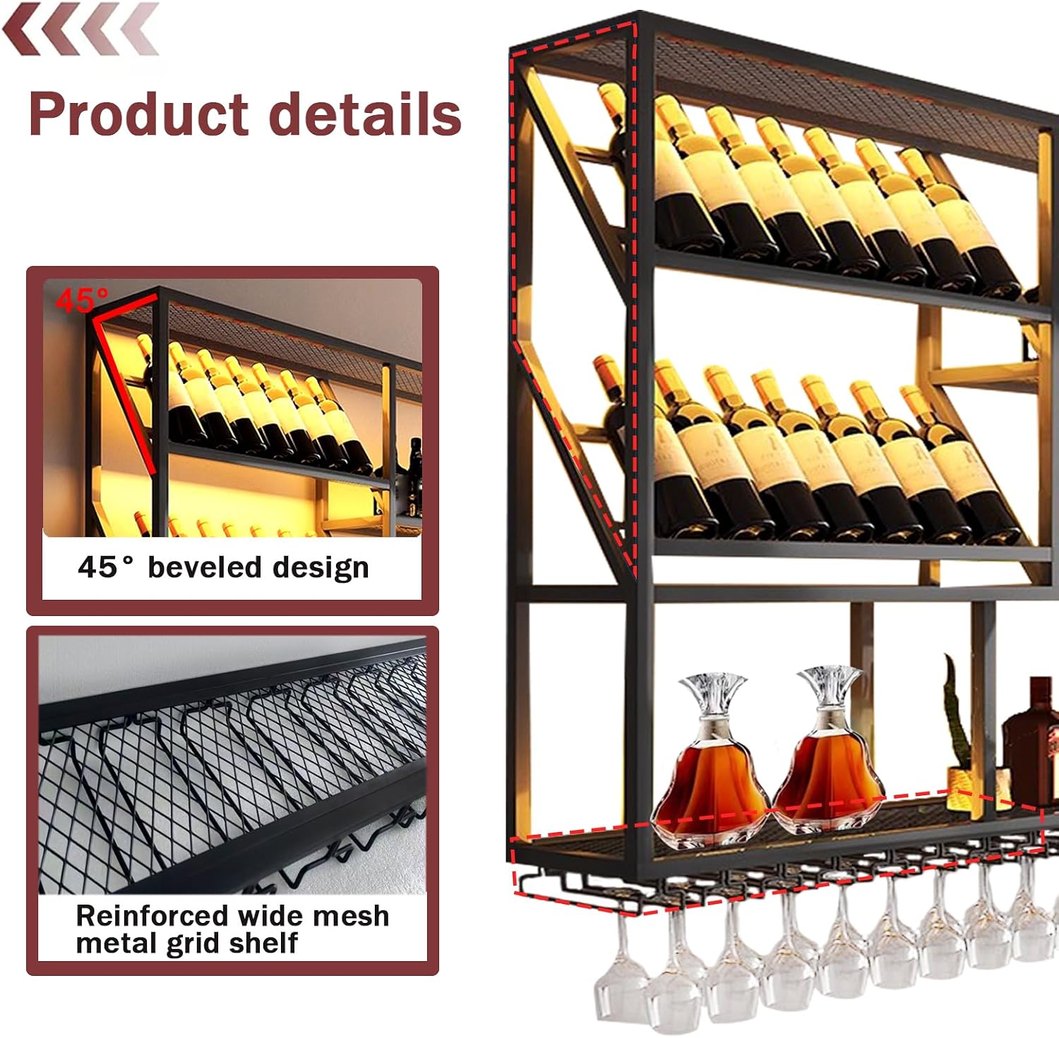 3 Tiers Large Wall Mounted Wine Rack with Glass Holder, Modern Metal Hanging Liquor Shelves, Holds Bottles at 2 Tilt Angles (45° 90° ) for Bar Home Bar Dining Room Cafe Decorative (Black, 59in/150cm)