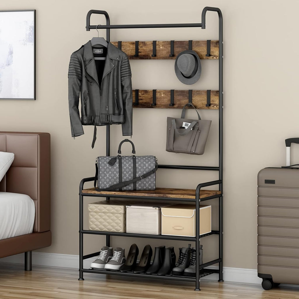 LINZINAR Coat Rack Hall Tree with Bench and Shoe Storage 3 in 1 Entryway | Stand Alone Coat Hanger Shoe Shelf Coat and Shoe Rack Entryway Hall Tree for Entrance Hallway Doorway Front Door