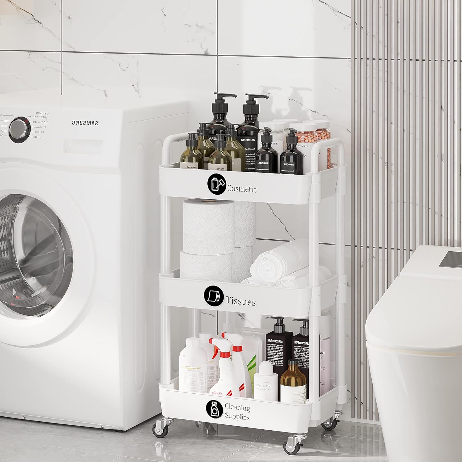 Laiensia 3-Tier Rolling Cart with Wheels,Multifunction Utility Storage Carts, Kitchen Storage Organizer,Mobile Shelving Unit for Bathroom,Laundry,with Classified Stickers,White