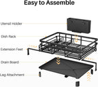 SNTD Dish Drying Rack - Extendable Dish Rack, Large Sink Drying Dish Drainer for Kitchen Counter, Stainless Steel Dish Strainer with Utensil Holder (Black)