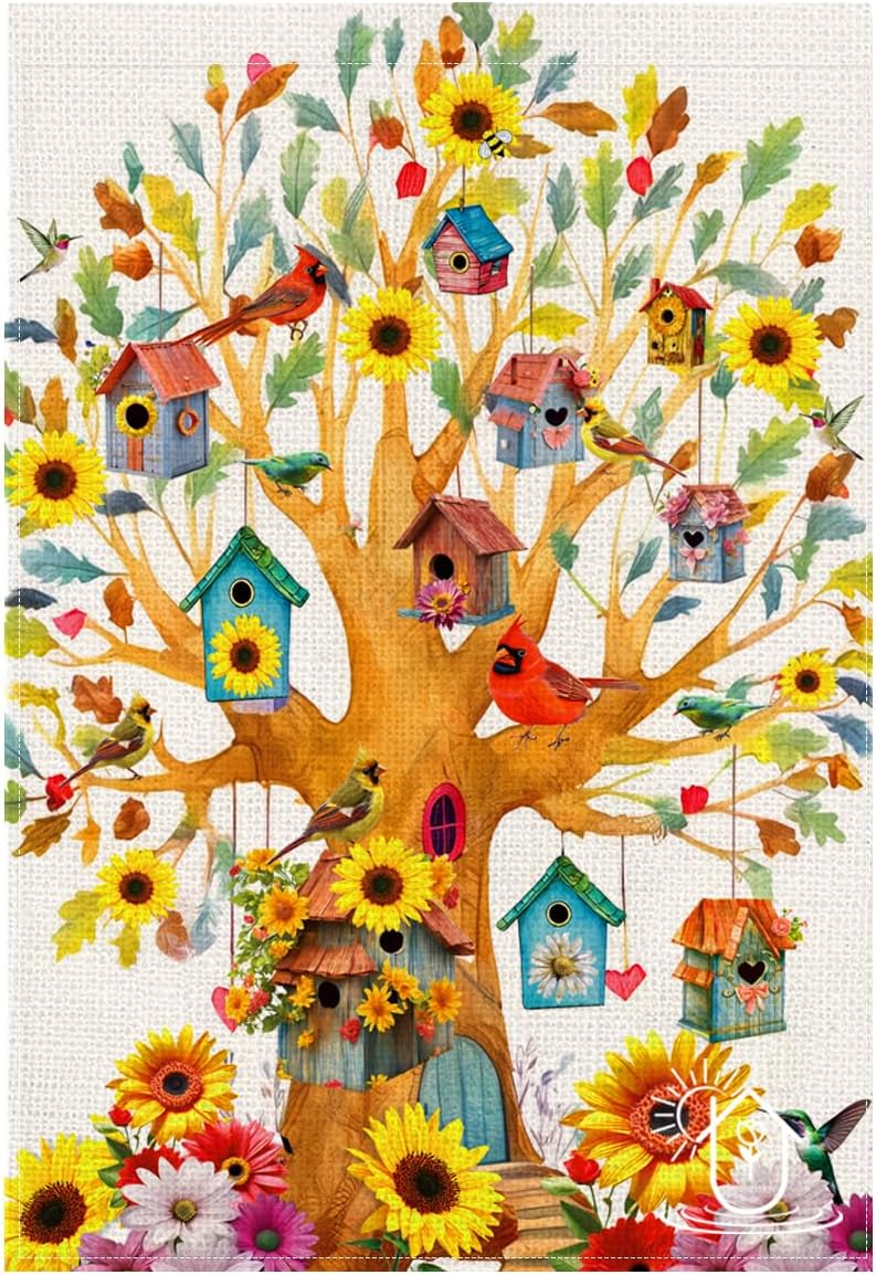 Welcome spring summer sunflower outdoor house flag, bird double sided Burlap fall flag 28x40 Inch, seasonal farmhouse vacation outdoor decoration