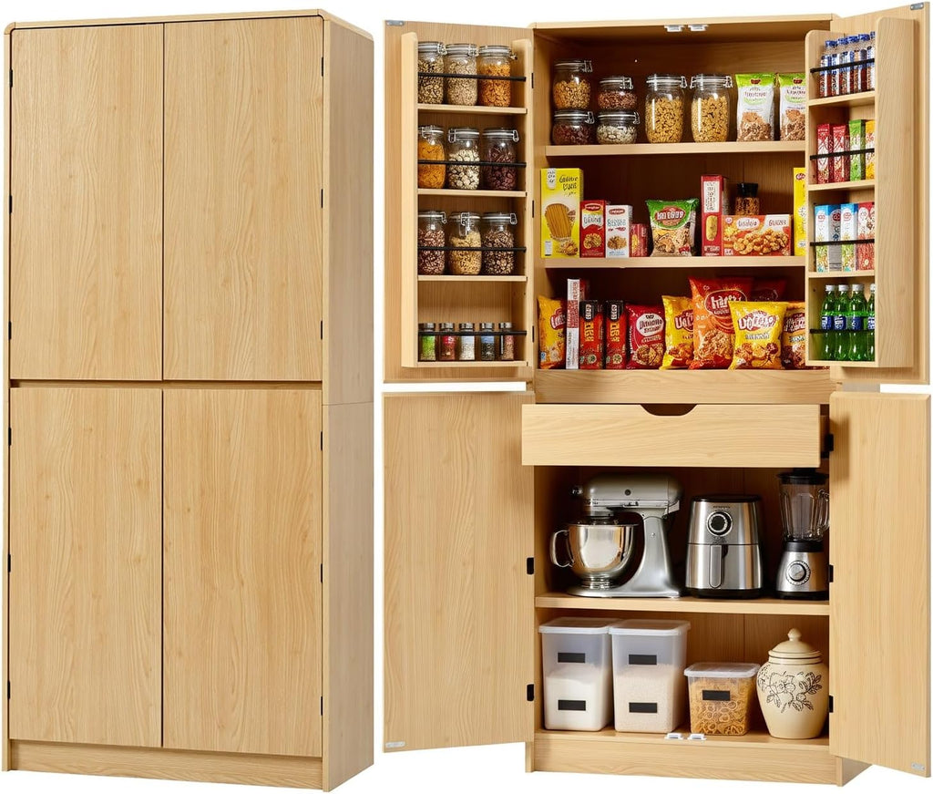 72" Tall Farmhouse Kitchen Pantry Cabinet with 8 Door Shelves,Curved Design Storage Cupboard with 3 Adjustable Shelves,Hidden Drawer,for Kitchen,Dining & Bathroom (Natural/H)
