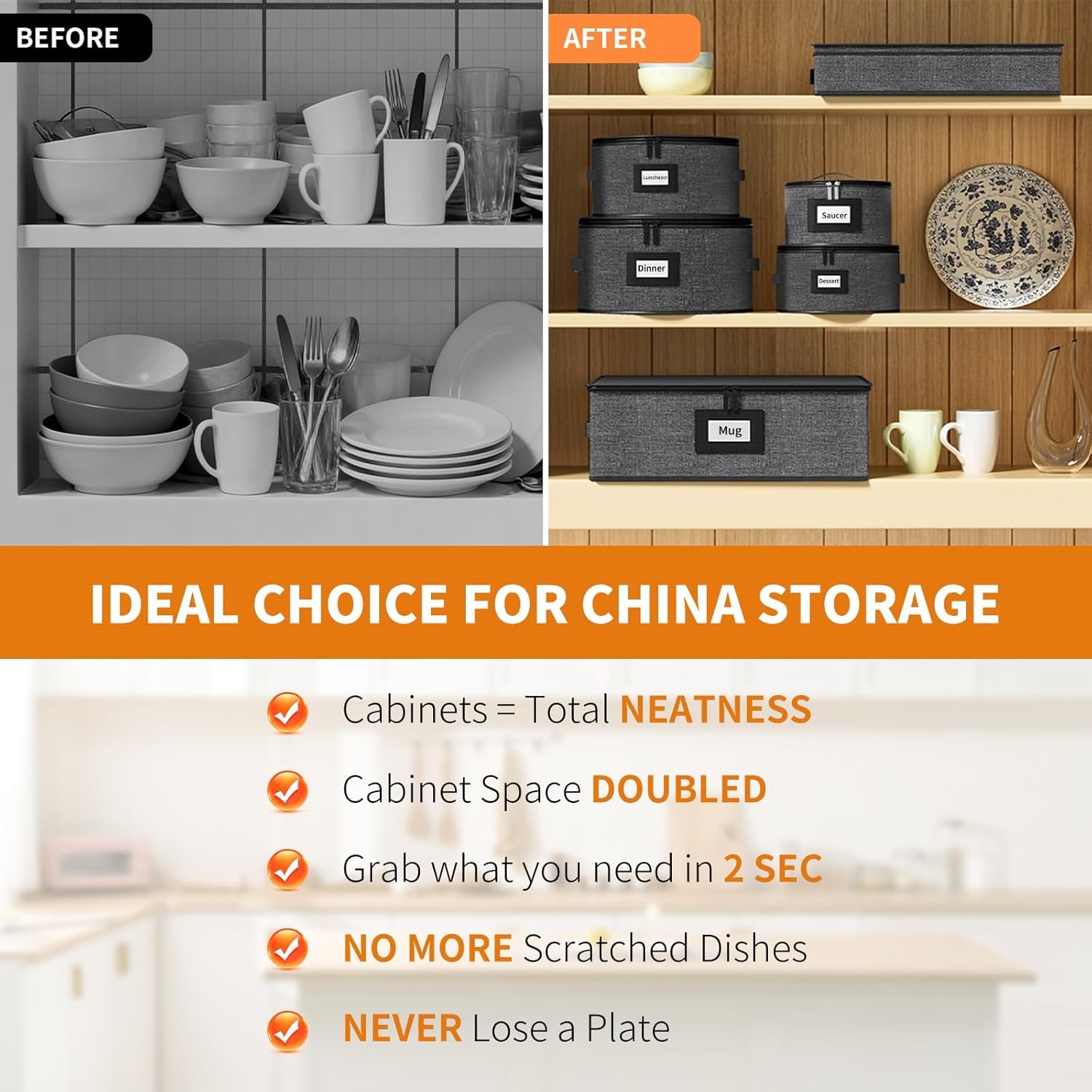 Aokeyee 6-Piece China Storage Containers Set, Hard Shell Moving Boxes for Dishes, Plates, Mugs & Flatware – Dinnerware Organizer with Soft Felt Dividers, Sturdy Handles & Zippers, Grey