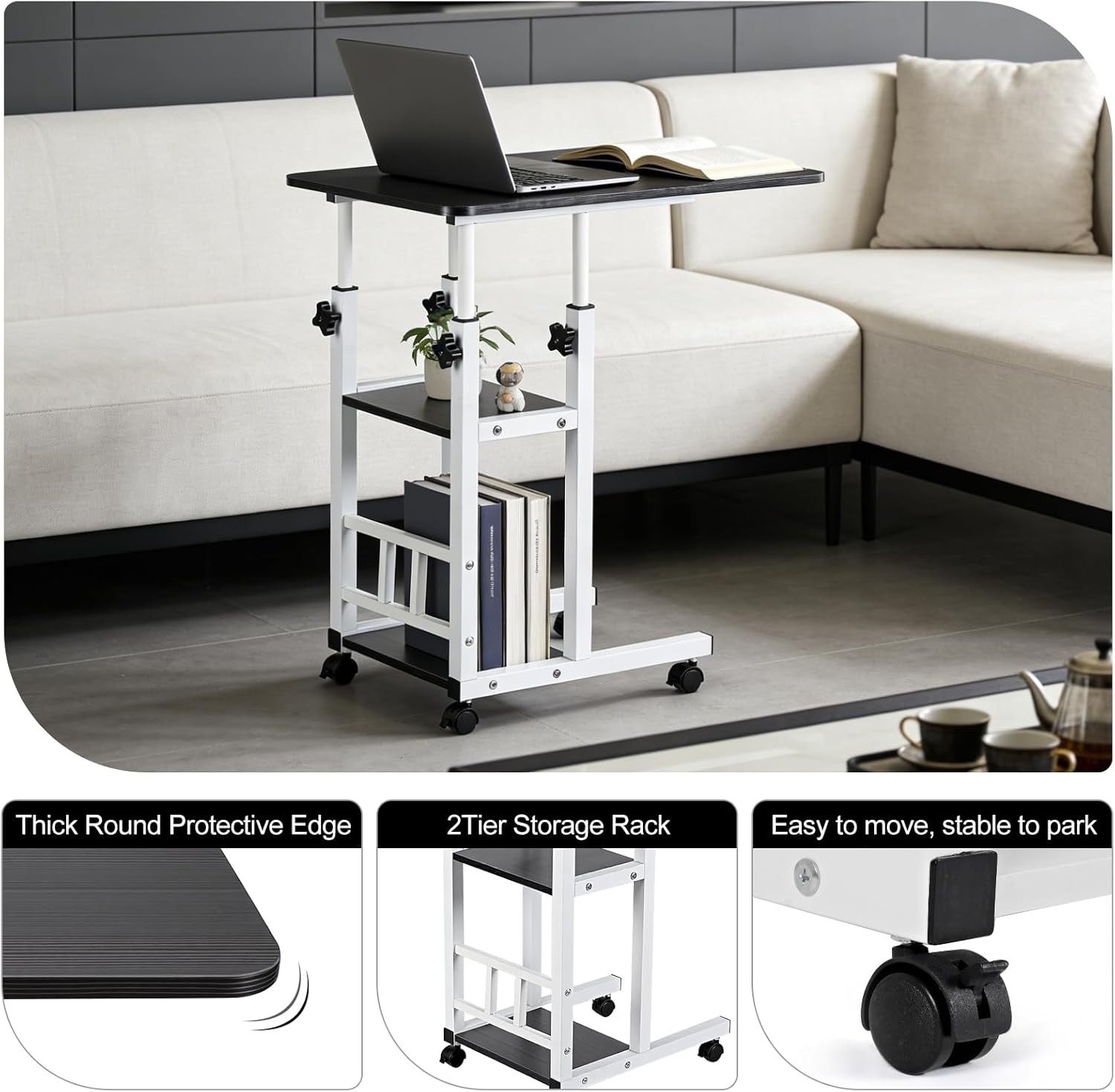 Adjustable C Table,Over Bed Table with Wheels,Rolling Side Table, Over Bed Table with Wheels, Bedside Table, for Sofa Side Small Space, Stable Multi Storage Desk, Black