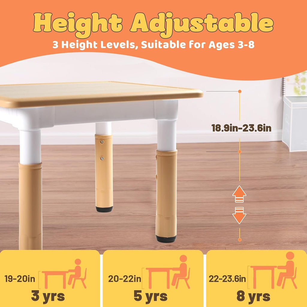 FUNLIO Adjustable Kids Table, 3-Level Height for Ages 3-8, Easy to Wipe Arts & Crafts Toddler Table for Classrooms/Daycares/Homes, CPC & CE Approved, 23.6 x 23.6 Inches, Natural