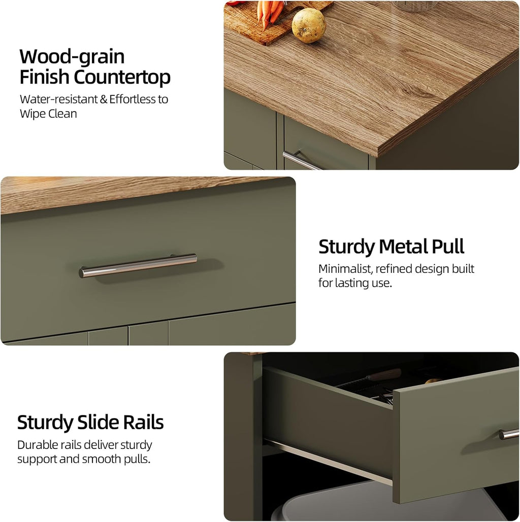4 EVER WINNER 53" Kitchen Island with Storage, Rolling Kitchen Island with 3-Large Spice Racks and Trash can, Portable Island for Kitchen with Adjustable Shelves, Green