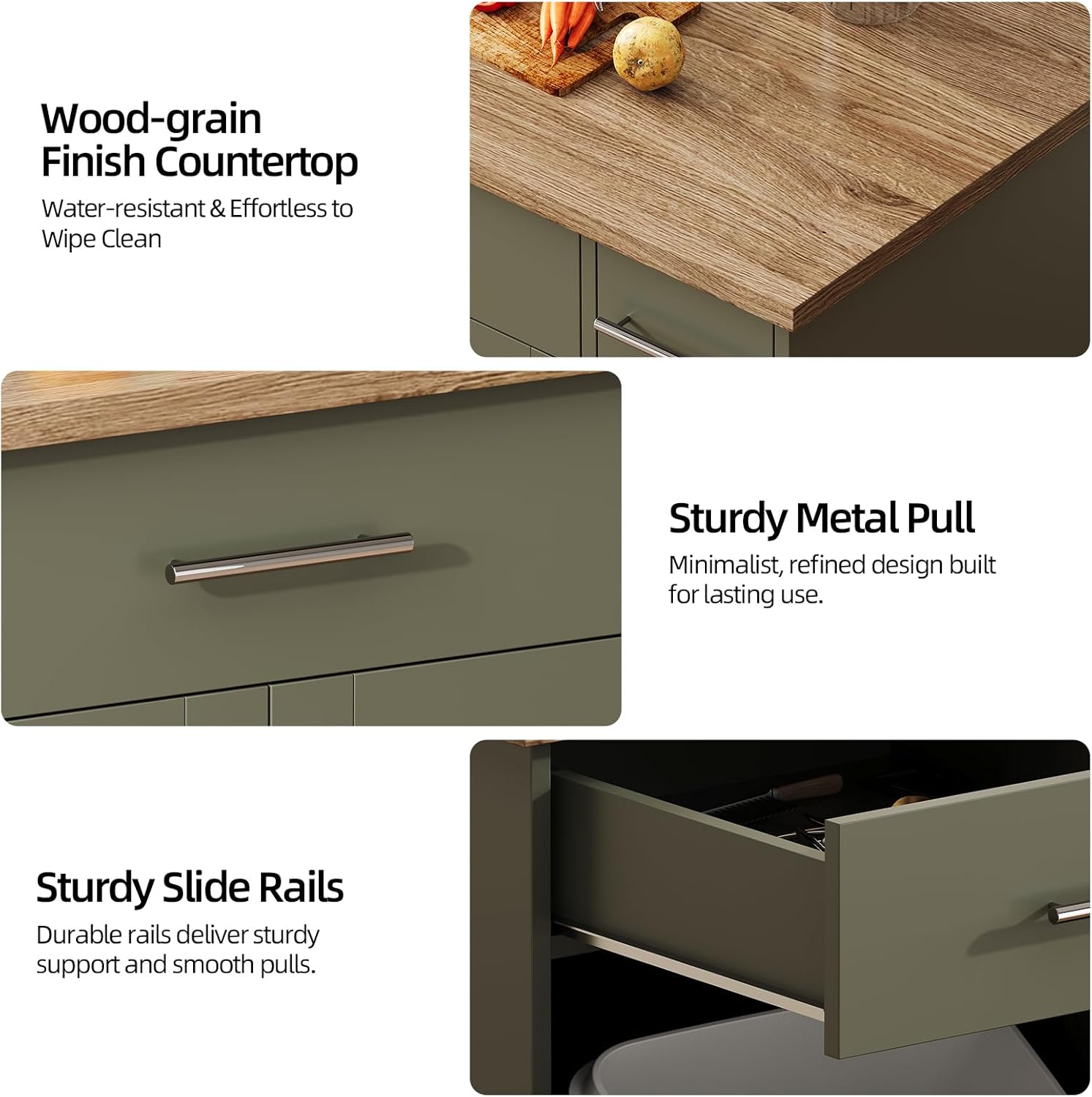 4 EVER WINNER 53" Kitchen Island with Storage, Rolling Kitchen Island with 3-Large Spice Racks and Trash can, Portable Island for Kitchen with Adjustable Shelves, Green