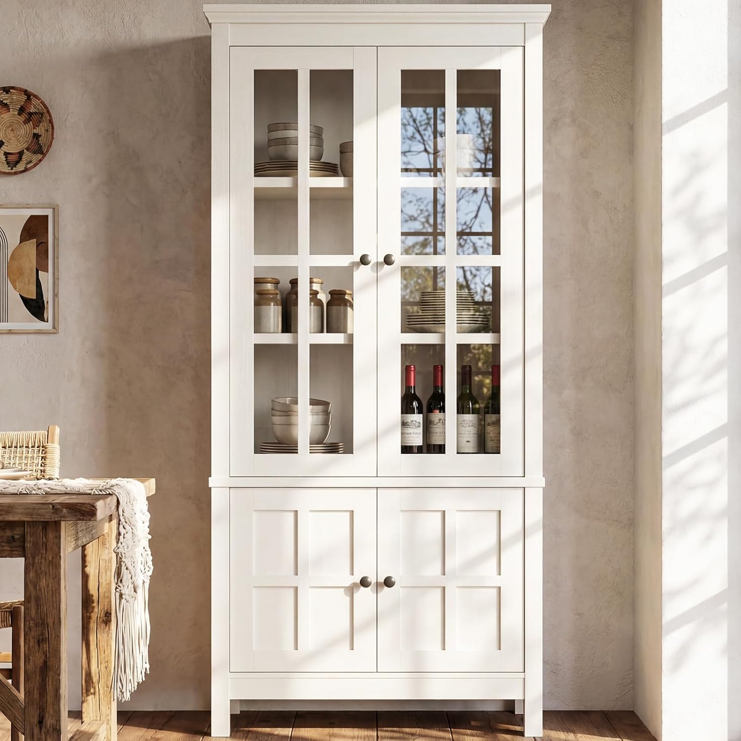 63" Kitchen Pantry Cabinet with Glass Doors & Hidden Storage, Farmhouse Display Kitchen Hutch Cupboard with Adjustable Shelves for Dining Room, Living Room Home Office, Rustic White