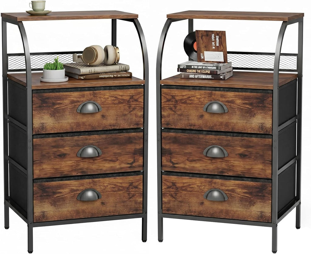 Night Stand Set 2, Tall Nightstand with 3 Fabric Drawers, Bedside Table with 2-Tier Wood Shelf, End Table for Bedroom, Steel Frame, Wood Top, Rustic Brown