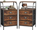 Night Stand Set 2, Tall Nightstand with 3 Fabric Drawers, Bedside Table with 2-Tier Wood Shelf, End Table for Bedroom, Steel Frame, Wood Top, Rustic Brown