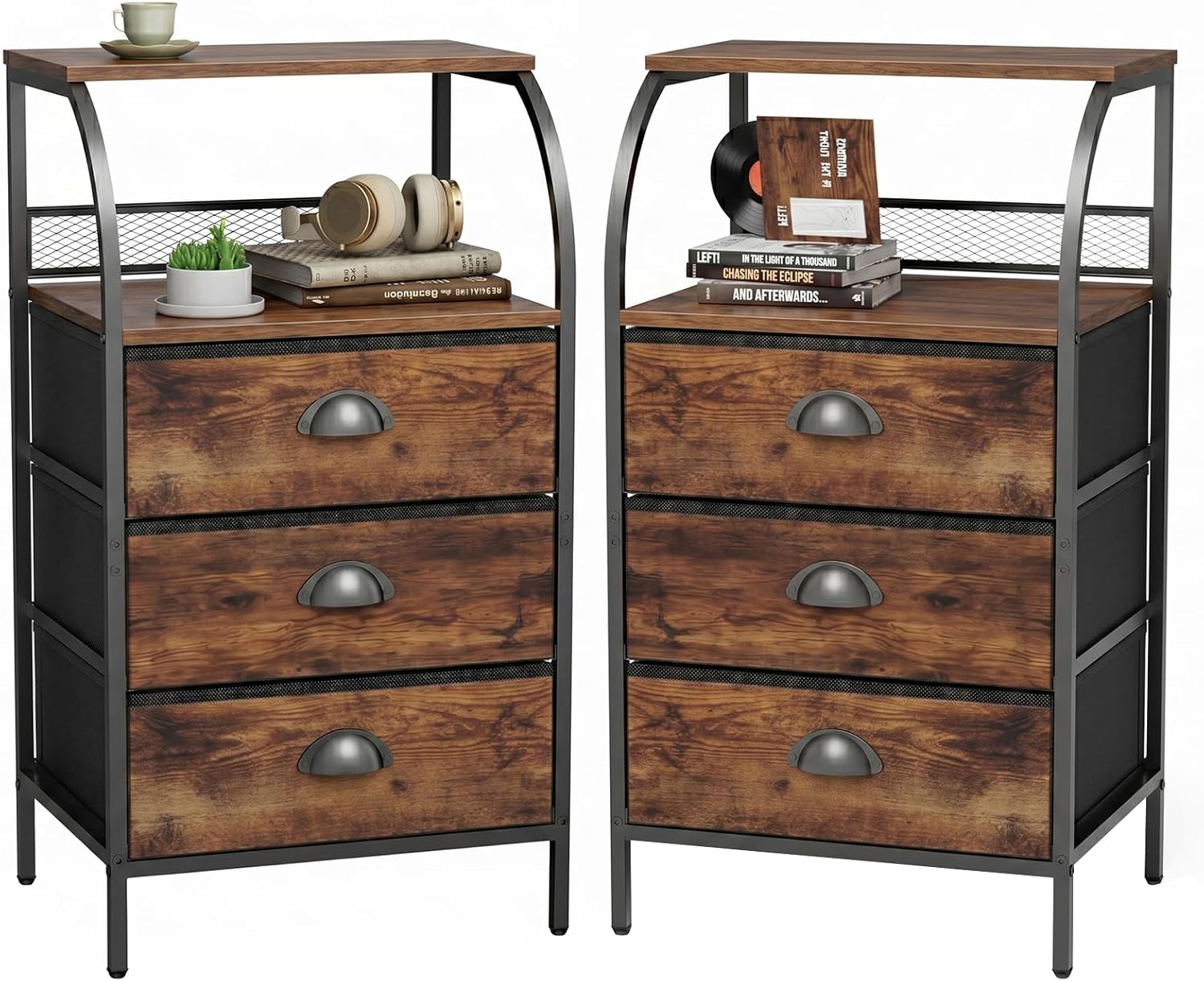 Night Stand Set 2, Tall Nightstand with 3 Fabric Drawers, Bedside Table with 2-Tier Wood Shelf, End Table for Bedroom, Steel Frame, Wood Top, Rustic Brown