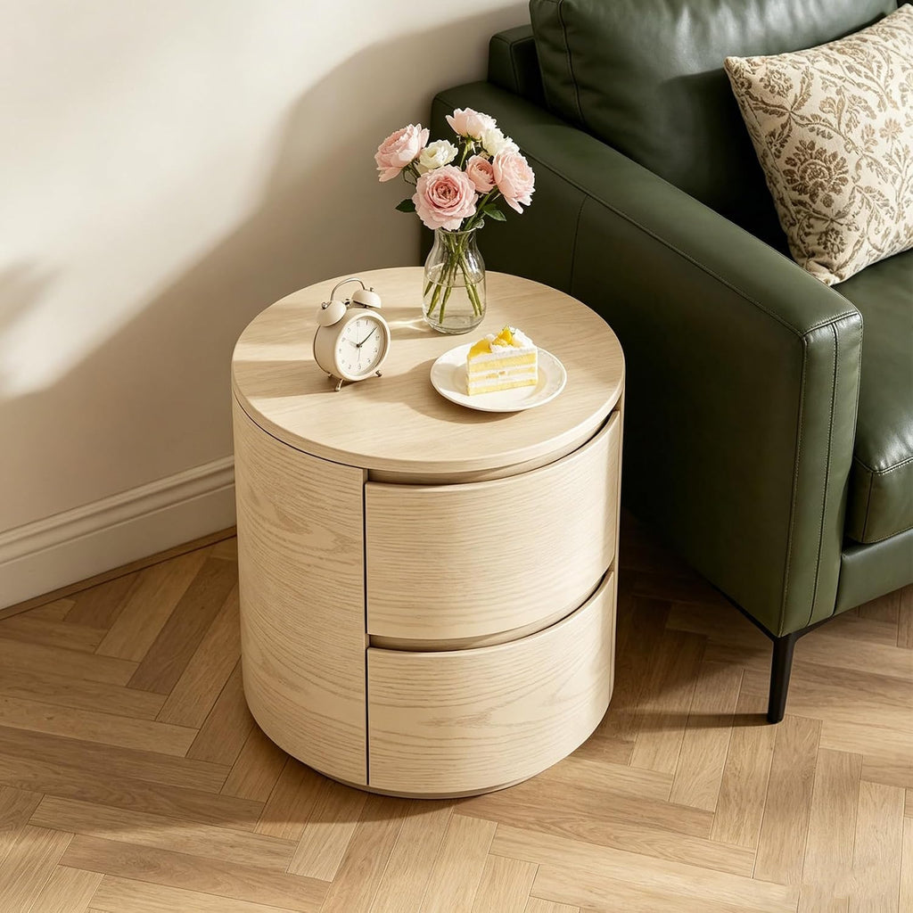 Round End Tables Living Room, End Table with 2 Drawers, Sofa Side Table with Storage, Nightstand for Bedroom, Living Room(White,45cm)