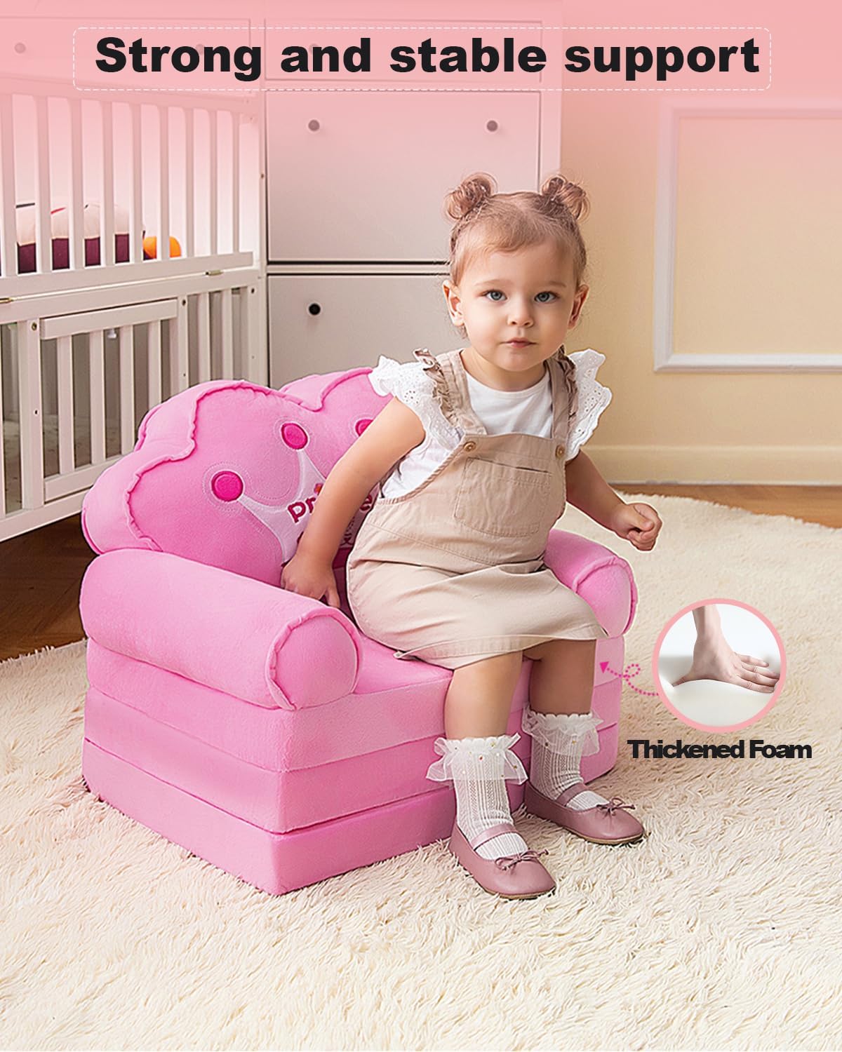 MOONBEEKI Kids Couch Fold Out, Foldable Princess Chair for Toddlers 1-3, Kids Furniture for Playroom, Gift for Birthday Christmas and Halloween, Pink