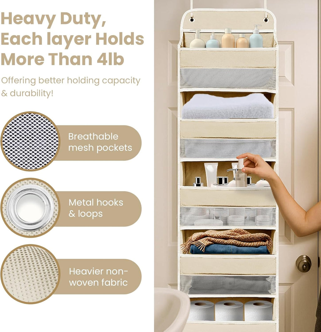 Easy Assembly Over The Door Organizer, 6 Shelves&10 Side Pockets, Heavy-Duty Reinforced Mesh Rack Holds 44lb, Hanging Behind Door Storage for Bathroom Pantry, Nursery, Closet, Shoes,Towels-Ivory White