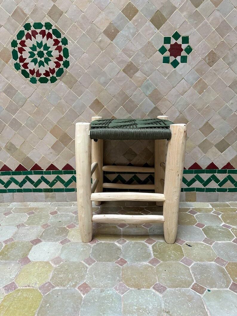 Moroccan Handwoven Stool, Rustic Wooden Footstool with Green Geometric Woven Seat, Small Portable Ottoman for Living Room Bedroom, Bohemian Farmhouse Accent Chair