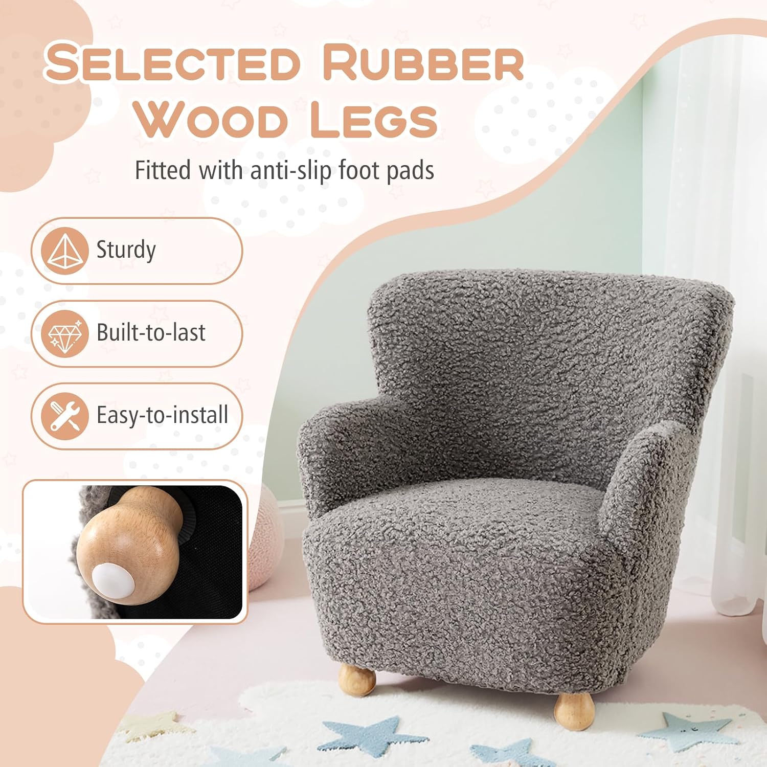 HONEY JOY Toddler Couch, Comfy Kids Chair w/Solid Wooden Frame & Sherpa Fabric, Upholstered Armchair Preschool Furniture, Baby Couch for Playroom, Kids Sofa for Girls Boys (Grey)