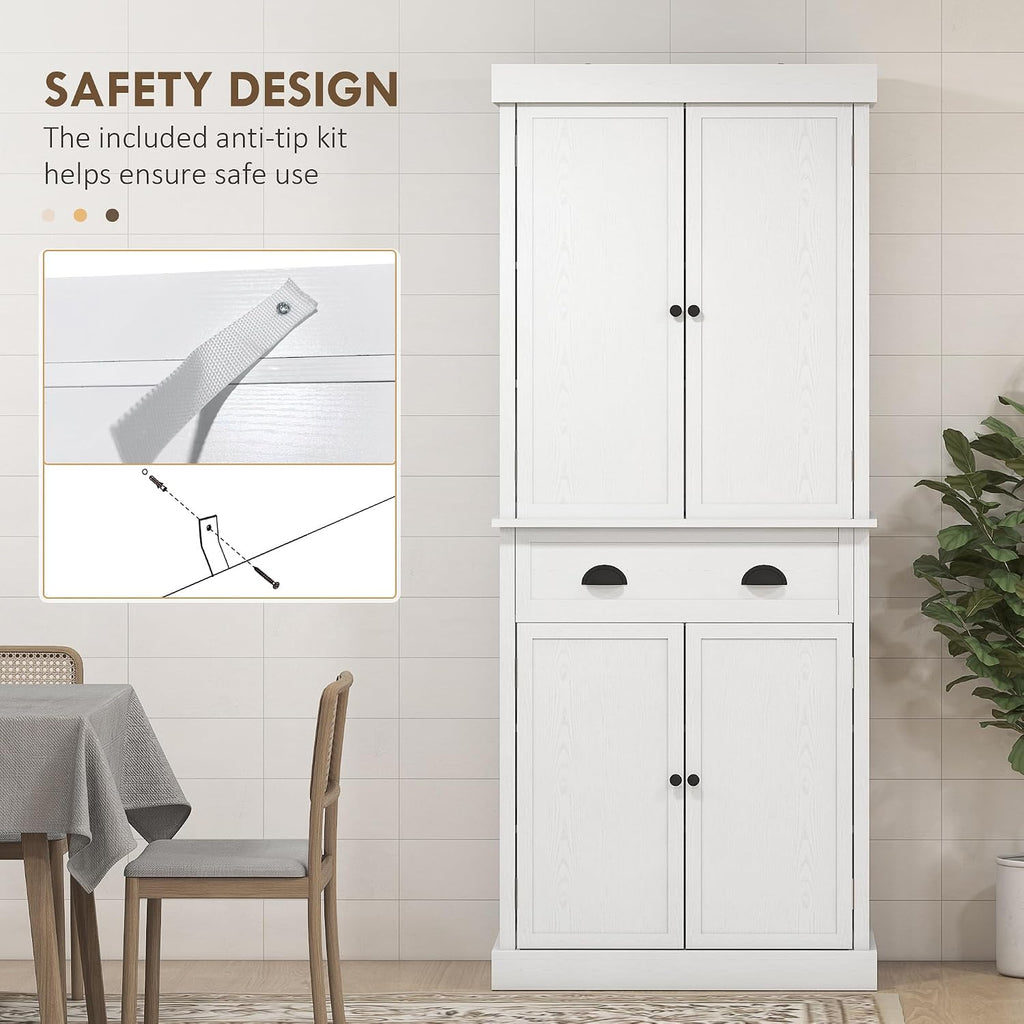 72.5" Kitchen Pantry Cabinet, Traditional Freestanding Storage Cabinet with 4 Doors, Drawer and 3 Adjustable Shelves for Dining Room, White Wood Grain,16 * 30 * 72.5