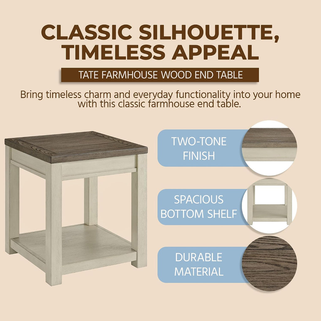 ROME + OAK Tate Farmhouse End Table, Wooden Home Accent Furniture with Shelf, Weathered Brown and Cream - for Living Rooms, Bedrooms, or Entryways