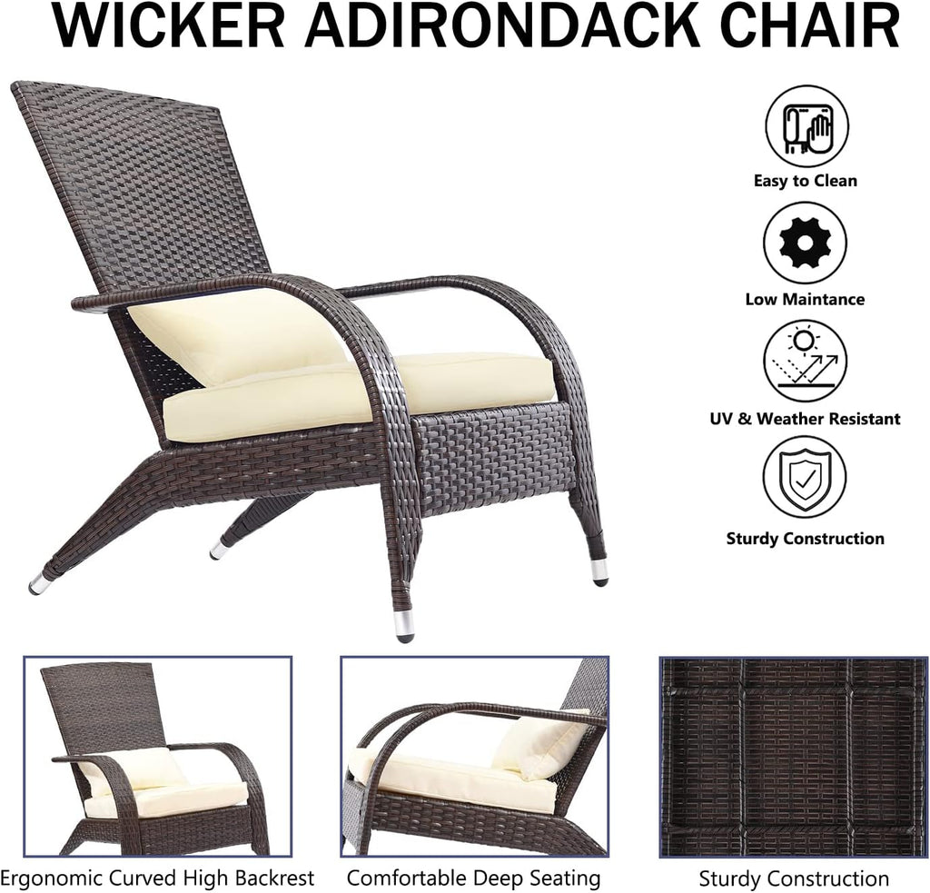 Outdoor Patio Wicker Adirondack Chair Outside Fire Pit Chairs Oversized Comfy Coconino Rattan Armchair Low Deep Seating High Back with Cushion and Pillow for Porch Deck Balcony Lawn Backyard Cream