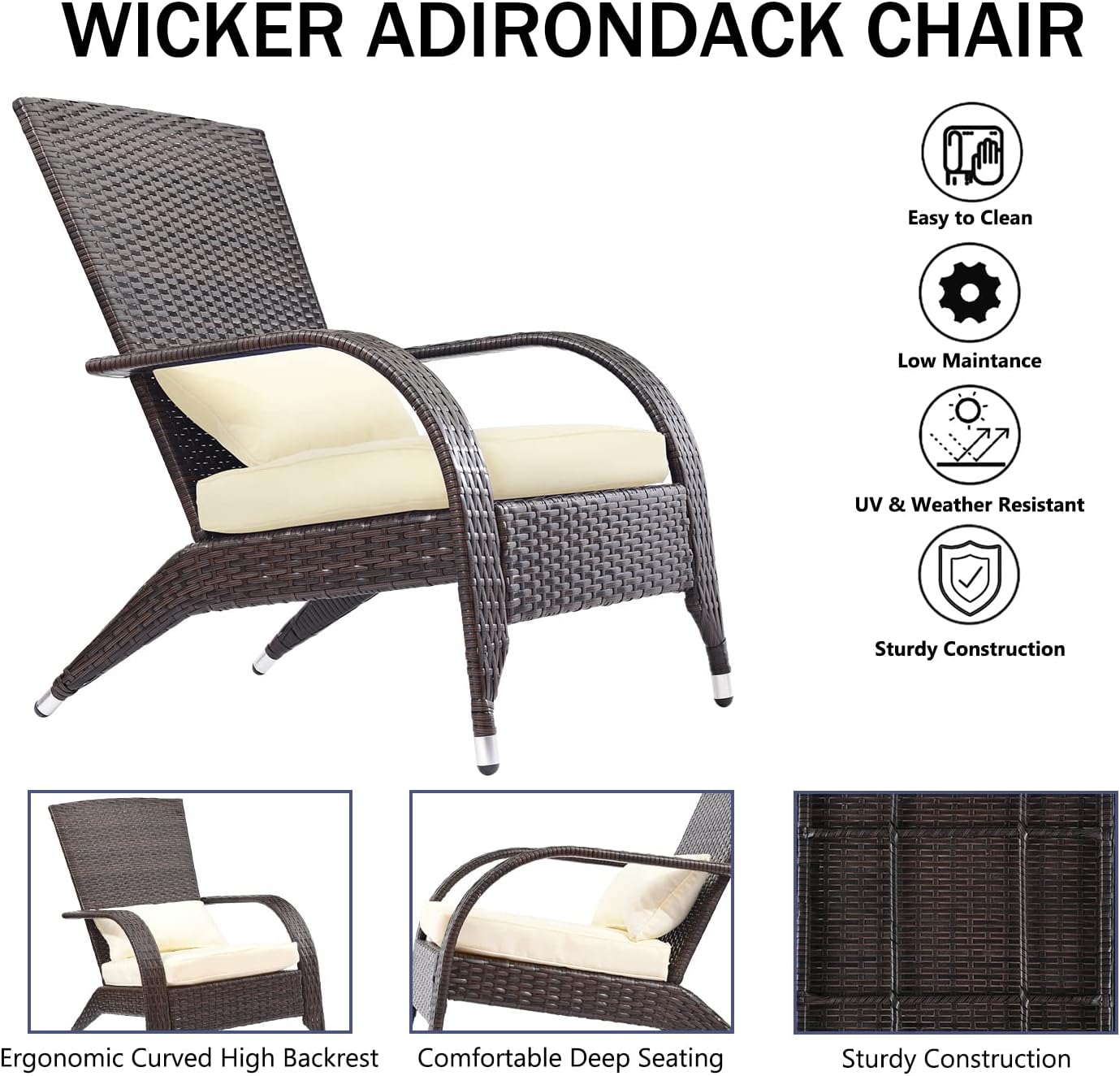 Outdoor Patio Wicker Adirondack Chair Outside Fire Pit Chairs Oversized Comfy Coconino Rattan Armchair Low Deep Seating High Back with Cushion and Pillow for Porch Deck Balcony Lawn Backyard Cream