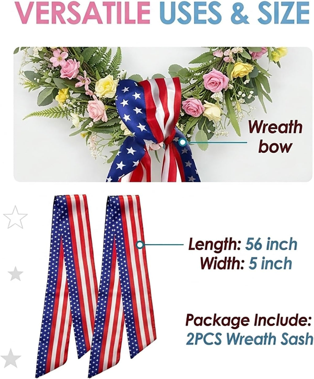 2pcs Patriotic Wreath Sash for Front Door, Sashes for Wreath Doorway Decoration, Stars and Stripes
