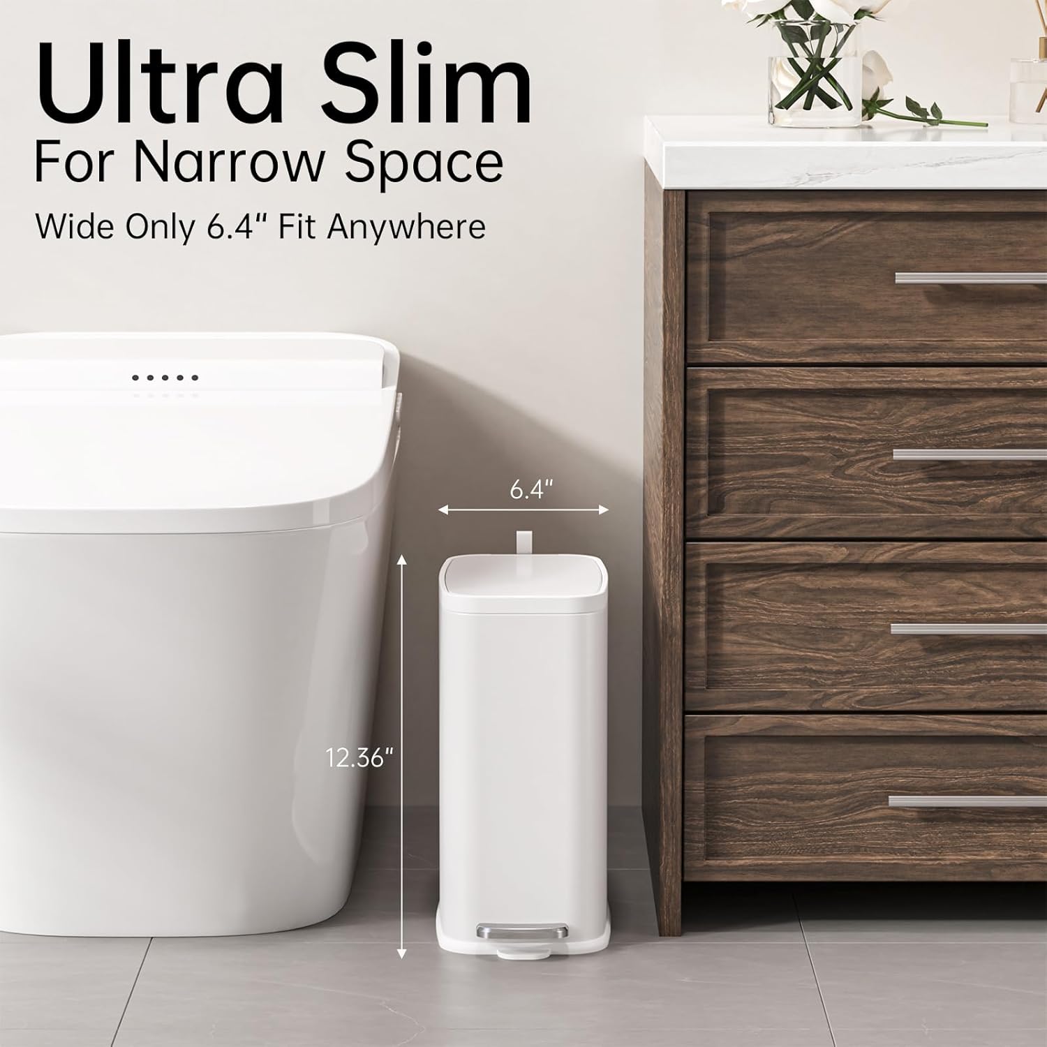 Small Bathroom Trash Can with Lid Soft Close, Step Pedal, 1.6 Gallon White Stainless Steel Slim Garbage Can with Removable Inner Bucket, Includes 60 Trash Bags for Home Bedroom