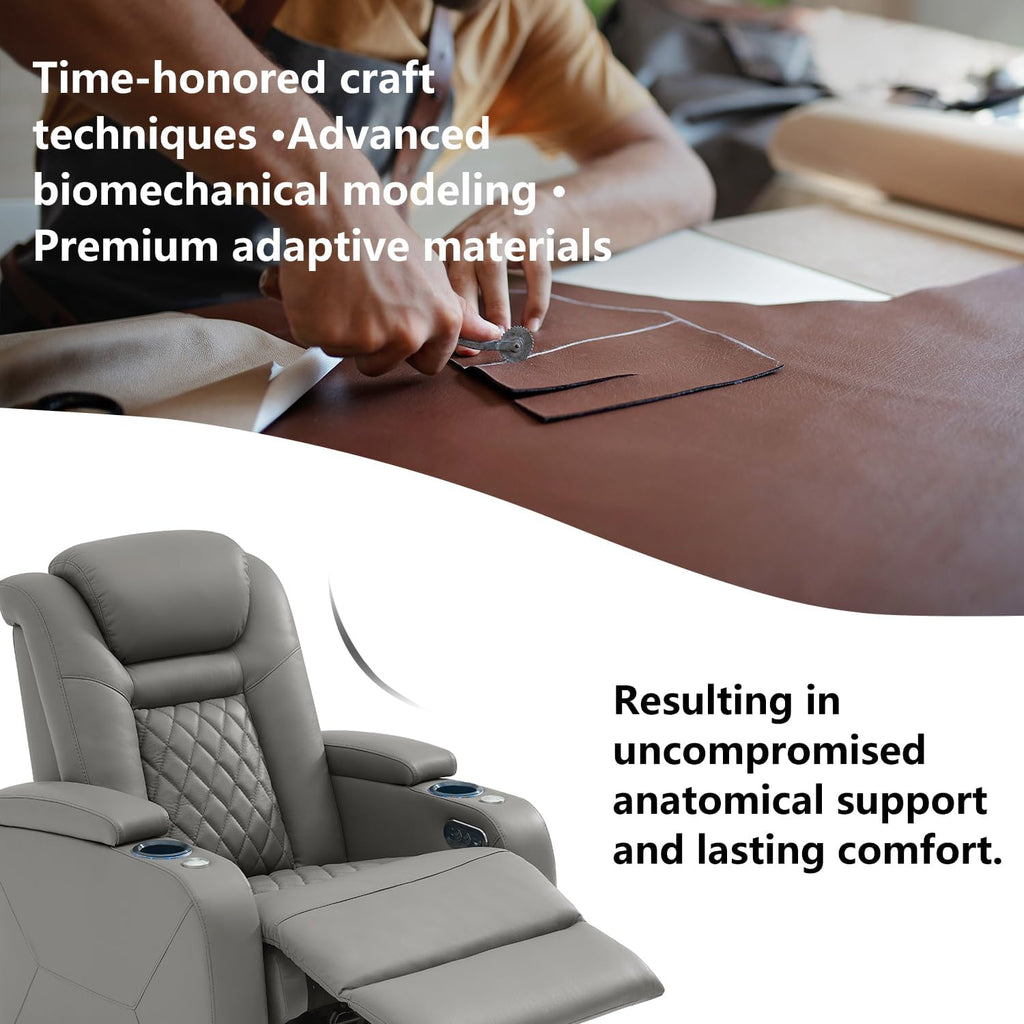 Home Theater Seating, Classic Series Leather Movie Theater Chairs, Power Headrest and Memory with C-Type USB Charger, 7-Color Ambient Lighting and Tray Table, Gray Power Adjustable Recliner(Row of 2L)