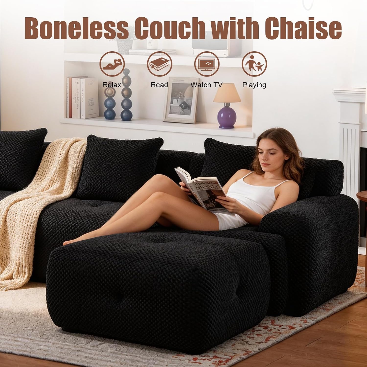 Modern Loveseat Sofa, 73.2" Black Boneless Couch with Spring and Foam Fill, Soft Pineapple Lattice Material, No Assembly Required for Living Room & Guest Room