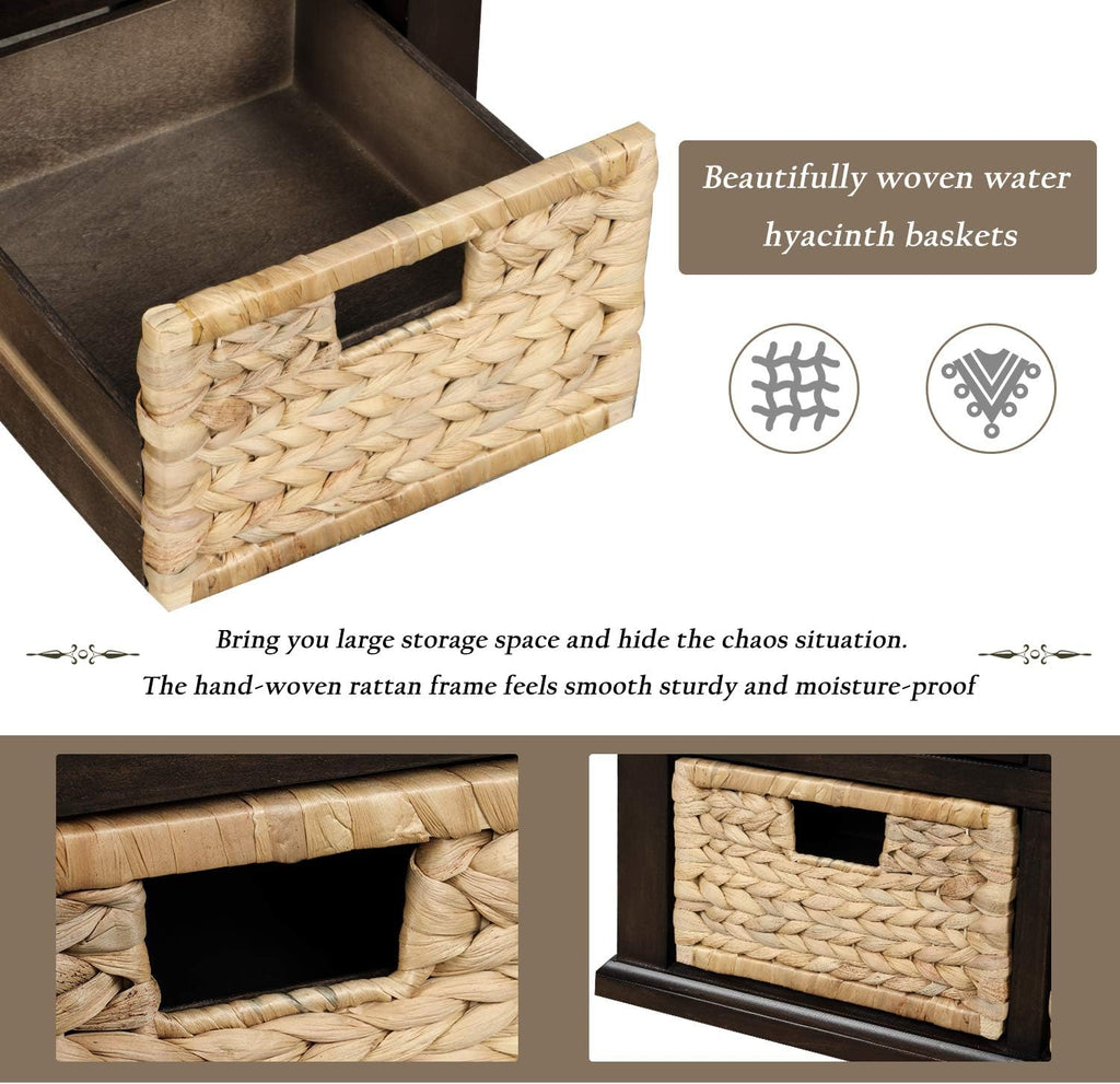 Rustic Storage Bench Narrow Entryway Bench with 3 Drawers and 3 Rattan Baskets Shoe Bench for Hallway Living Room Entryway Espresso Easy Assembly 42.1''× 15.40''× 21''