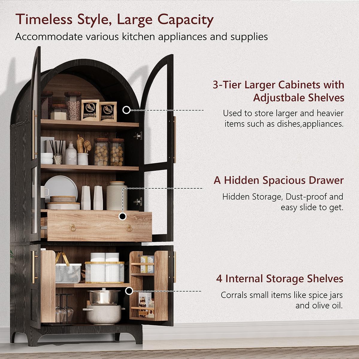 Arched Kitchen Pantry Cabinet with Hidden Drawer and Spice Rack, Arched Bookshelf with Storage Cabinet & Glass Doors, Versatile Cupboard for Living Room & Dining Room (Black)