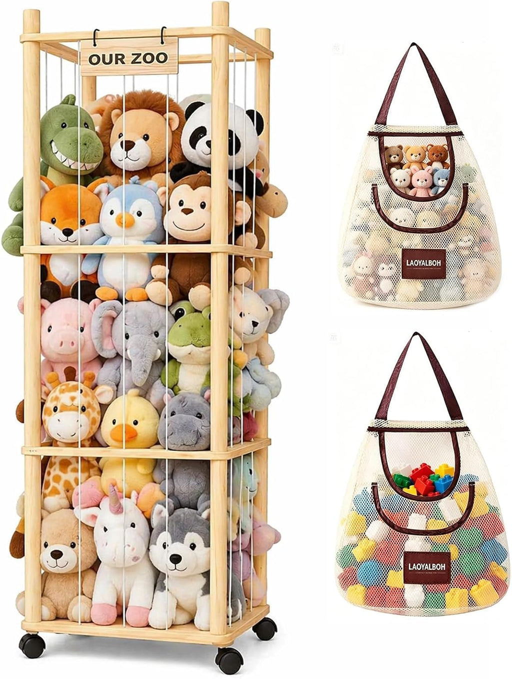 Stuffed Animal Storage & Organizer, Wooden Cute Zoo | 2 Removable Hanging Storage Net, Toy Holder, For Toddler Rooms, Playrooms & Bedrooms