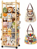 Stuffed Animal Storage & Organizer, Wooden Cute Zoo | 2 Removable Hanging Storage Net, Toy Holder, For Toddler Rooms, Playrooms & Bedrooms