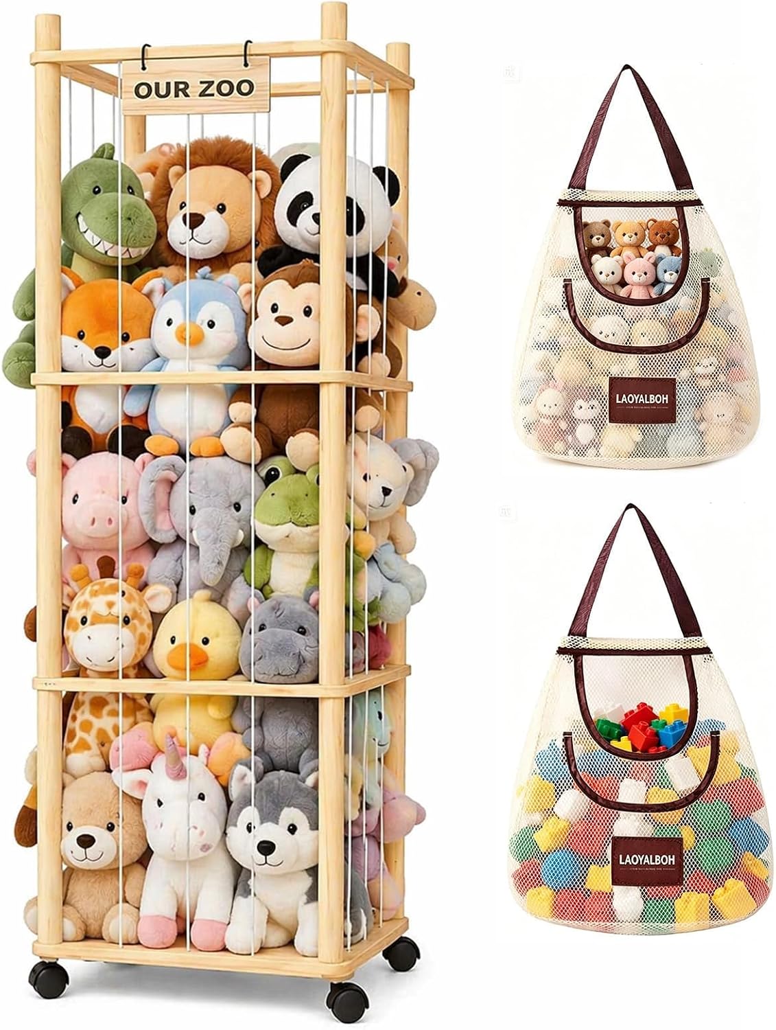 Stuffed Animal Storage & Organizer, Wooden Cute Zoo | 2 Removable Hanging Storage Net, Toy Holder, For Toddler Rooms, Playrooms & Bedrooms