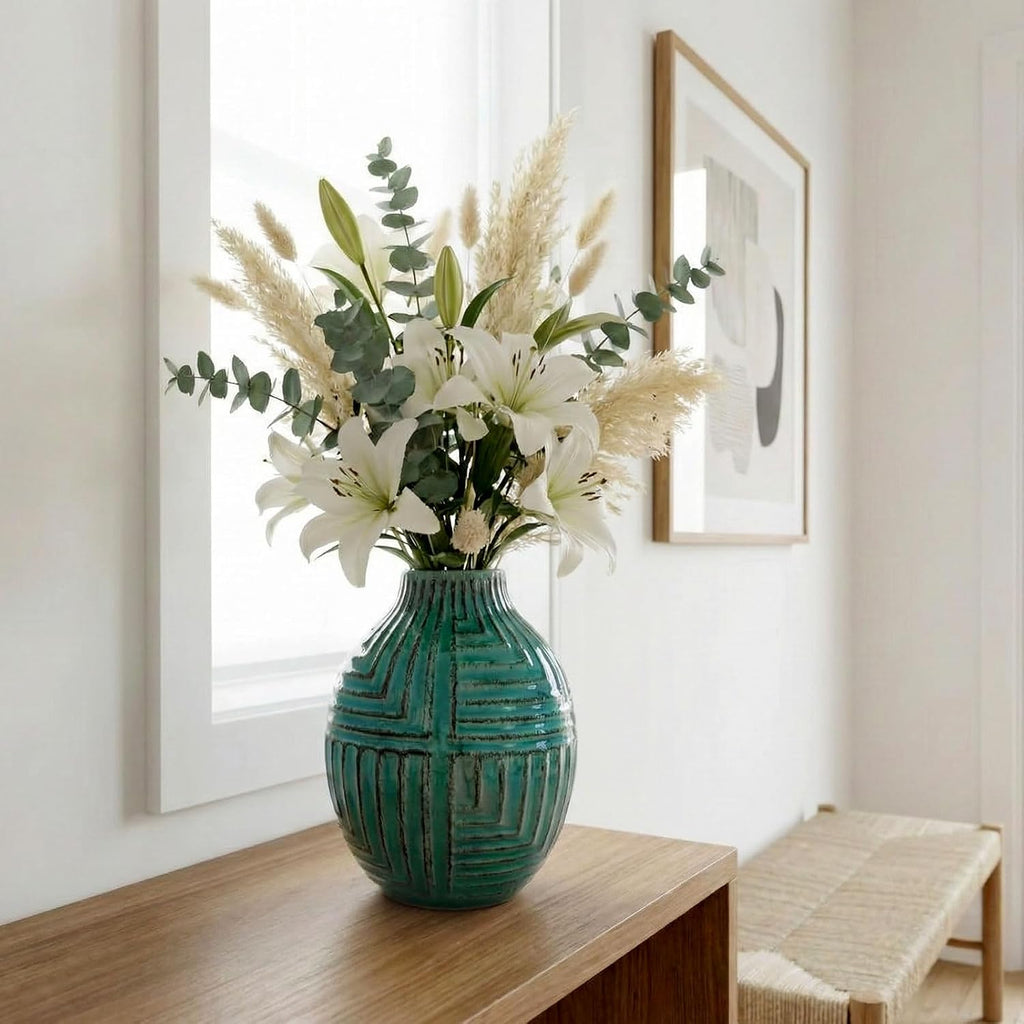 hjn hjn Teal Hand-Glazed Ceramic Vase - 5.7" H Modern Decorative Centerpiece Vase for Fresh/Dried Flowers, Home Decor for Living Room Bookshelf Mantel | Wedding Housewarming Gift