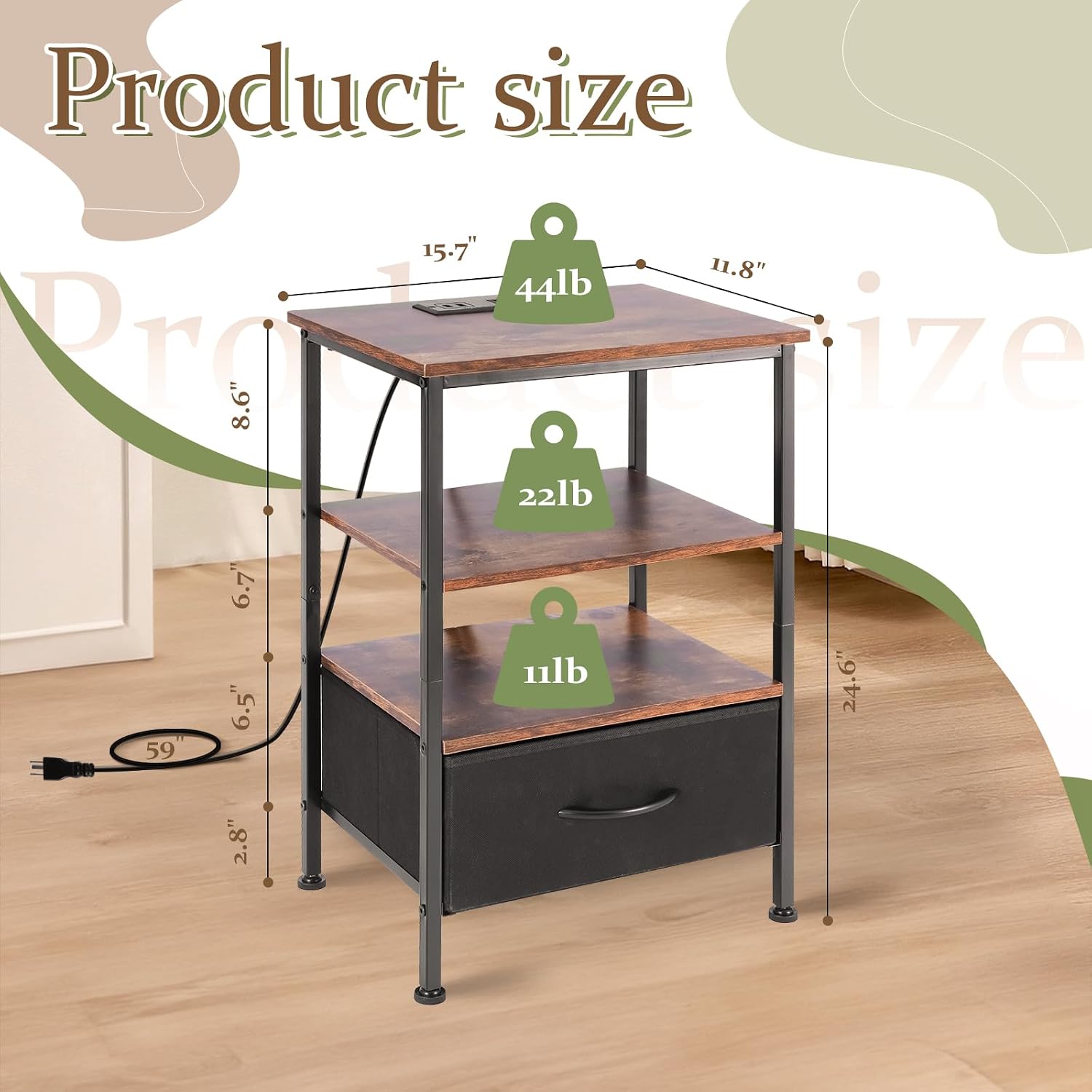 Nightstands Set with Charging Station, Bedside Tables with USB Ports and Outlets, End Table with Fabric-Wood 2-in-1 Drawer for Small Spaces, Vintage Side Table for Bedroom, Living Room