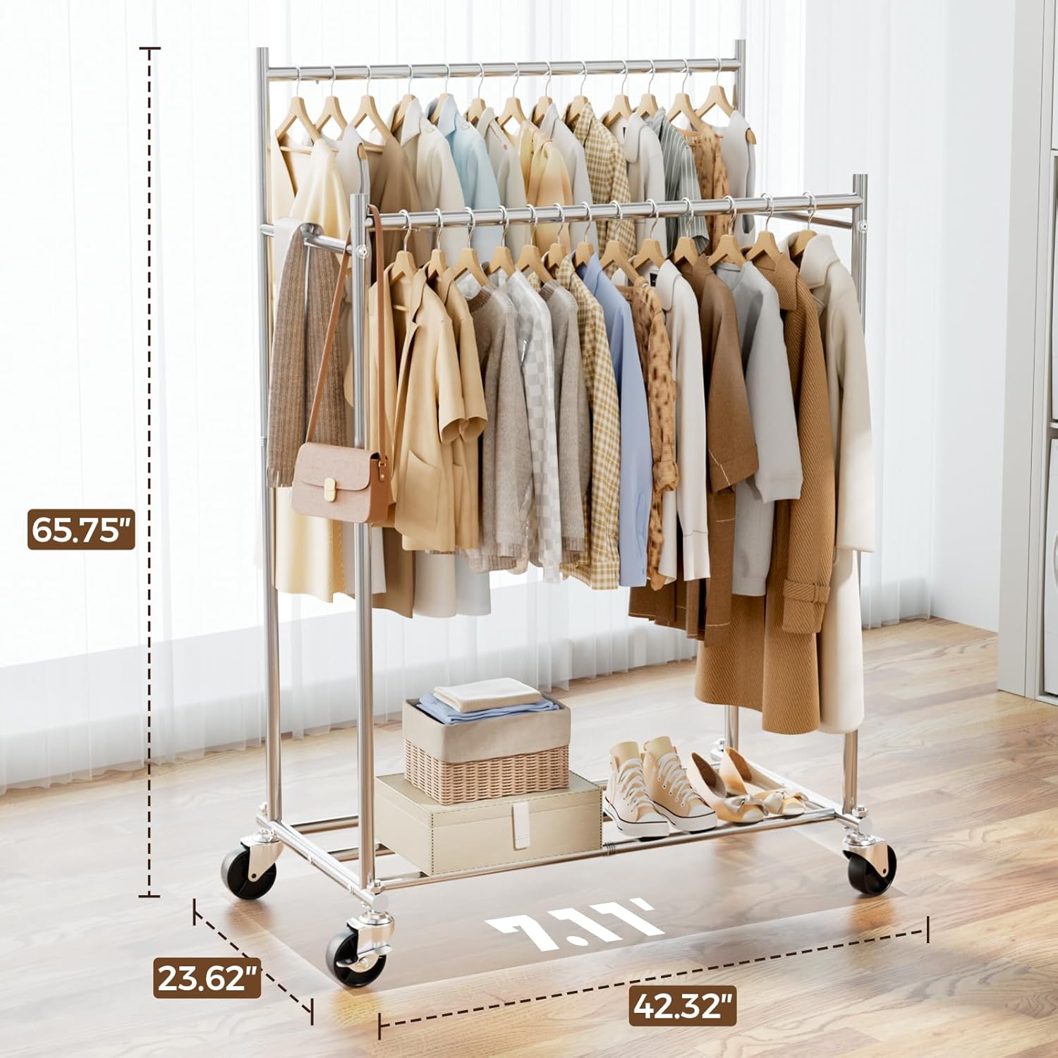 HYSEYY Clothes Rack,Double Rods Rolling Clothing Rack for Hanging Clothes load 400LBS,Portable Garment Coat Rack with Wheels Wardrobe Closet for Bedroom Laundry Room,Retail Store,Silver
