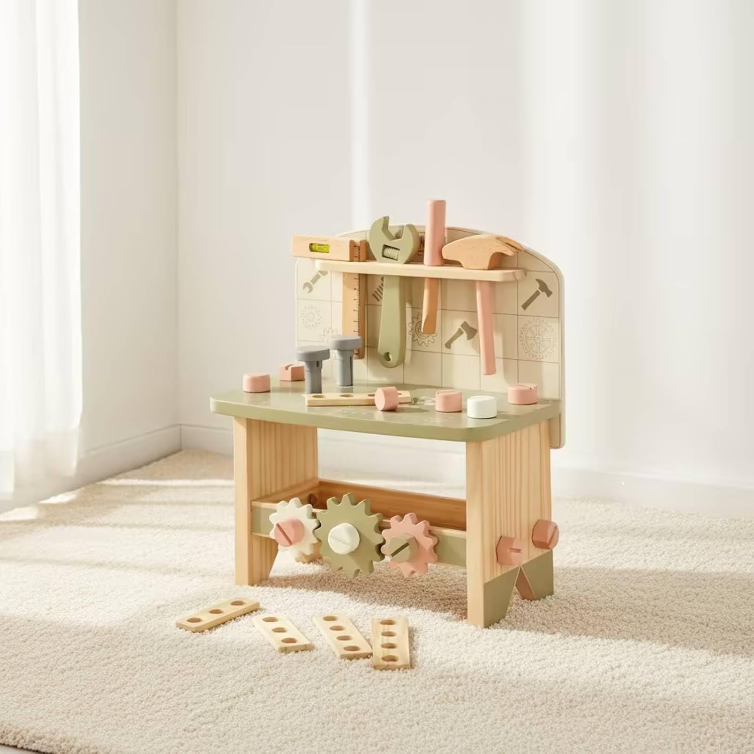 Qianly Wooden Toy Workbench Hands-on Wooden Tool Bench Educational Children's Tool Bench for Young Children, Preschoolers, Playroom, Preschool, Nursery